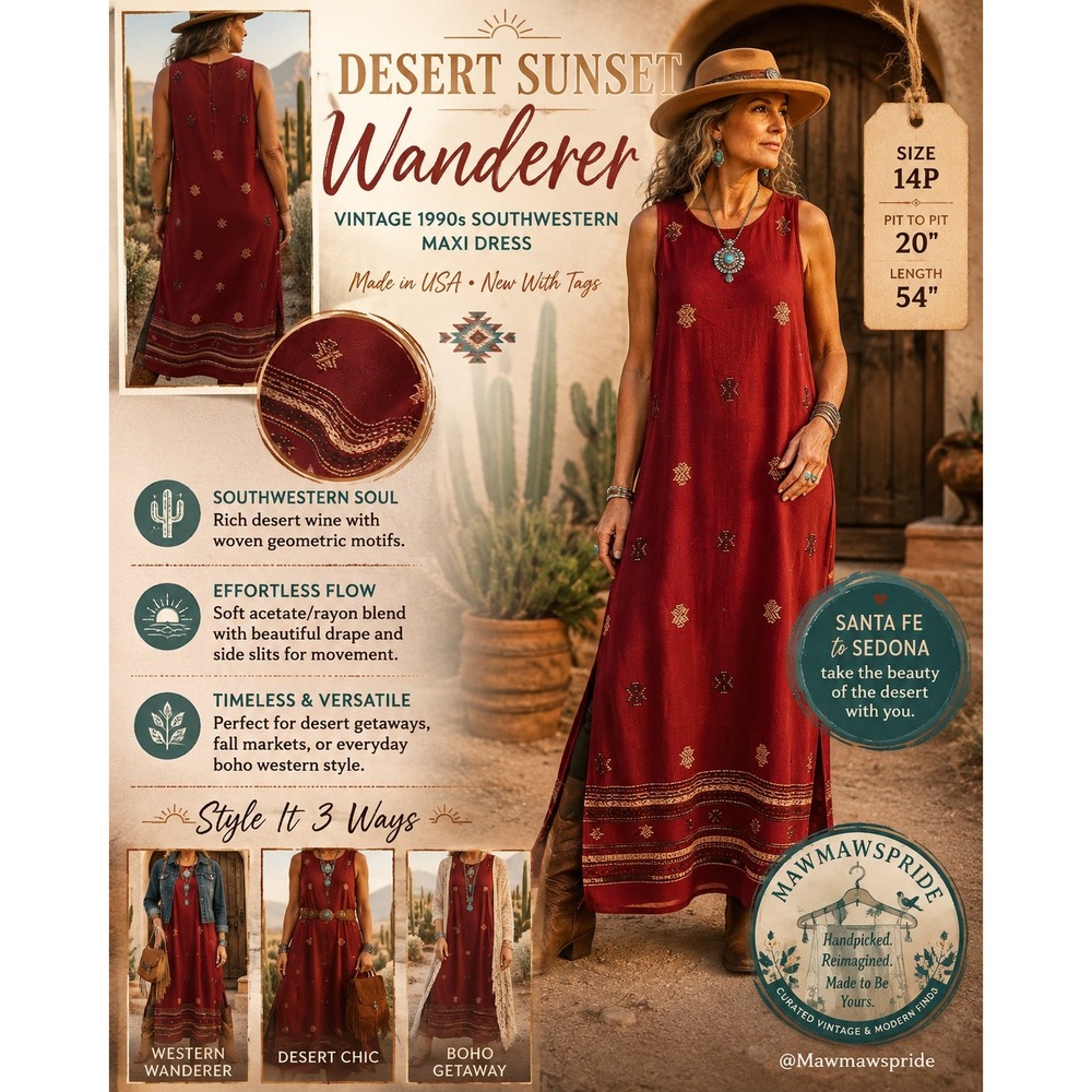 JBS Ltd Vintage 90s Southwestern Maxi Dress Wine Red Boho 14P Made in USA NWT